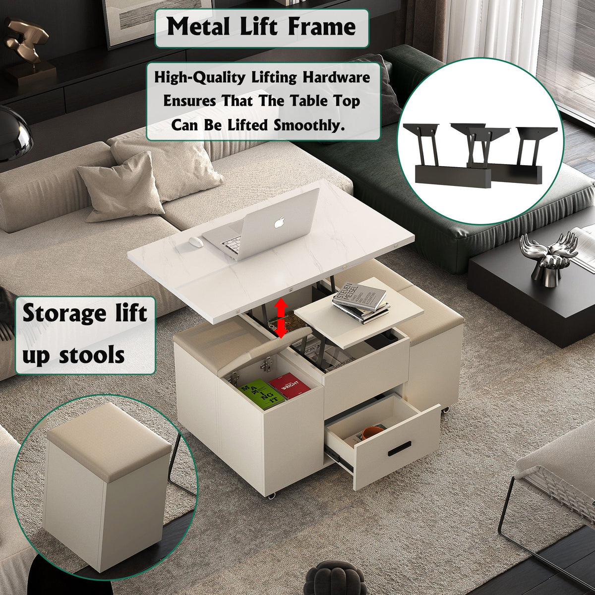Lift-Top Folding Coffee Table with Storage Drawers
