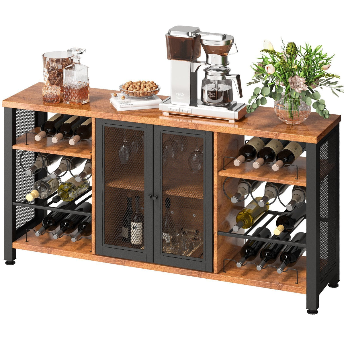 55" Rustic Oak Bar Cabinet with Wine Rack (24 Bottles)