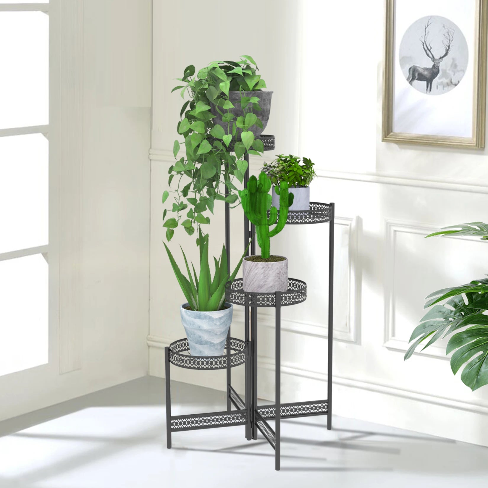 HavenHarbor Modern Metal Plant Stand – 3 & 4 Tier Foldable Indoor & Outdoor Plant Display