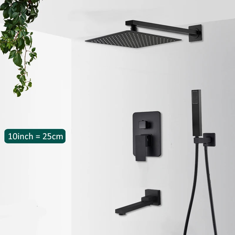 Matte Black Concealed Rainfall & Waterfall Shower System with Tub Spout