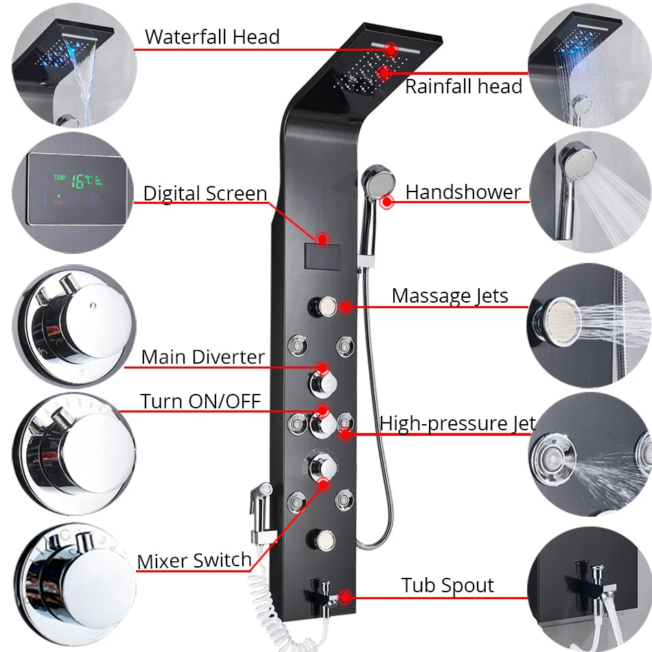 Cascade Royale LED Shower Panel System with Digital Temperature Display & 6-Function Spa Experience