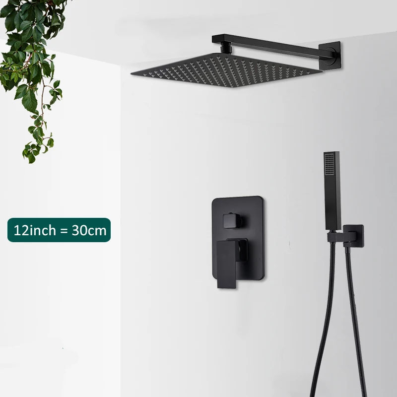 Matte Black Concealed Rainfall & Waterfall Shower System with Tub Spout