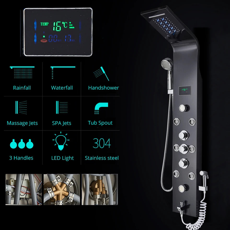 Cascade Royale LED Shower Panel System with Digital Temperature Display & 6-Function Spa Experience