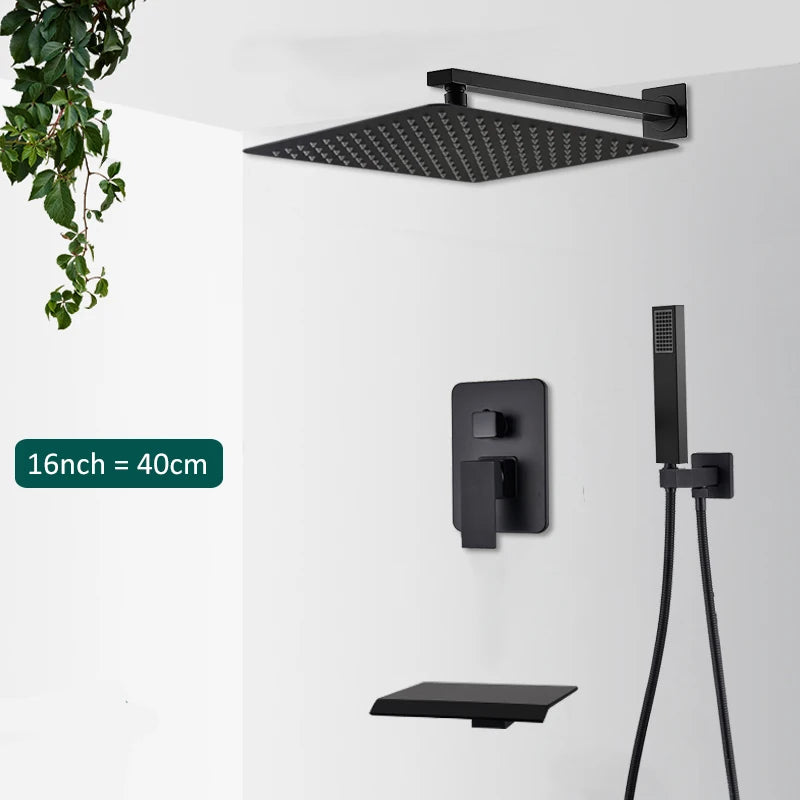 Matte Black Concealed Rainfall & Waterfall Shower System with Tub Spout
