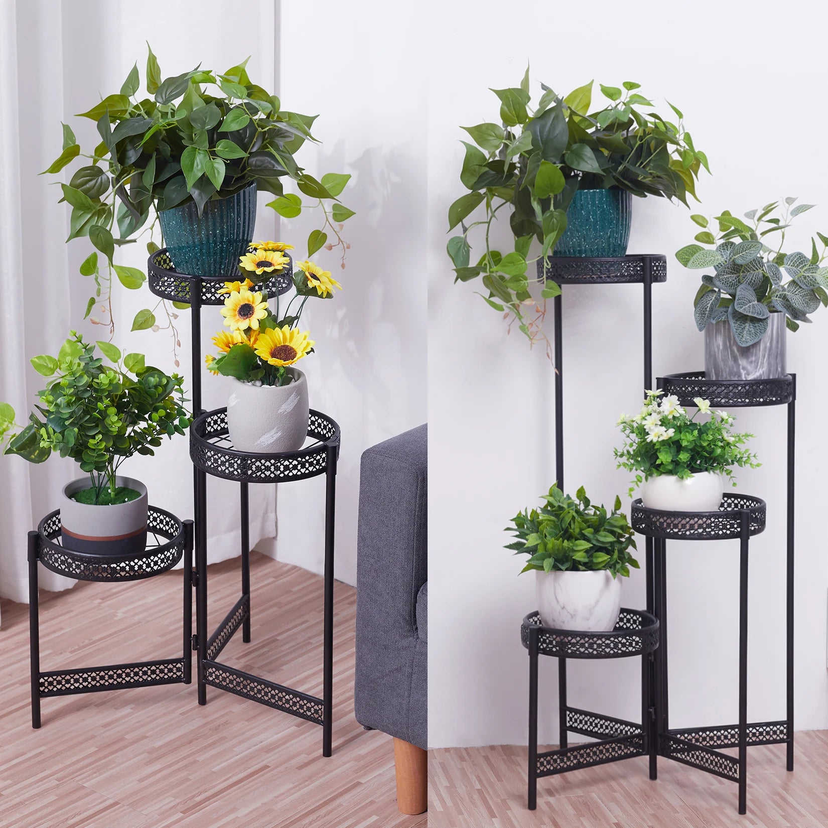 HavenHarbor Modern Metal Plant Stand – 3 & 4 Tier Foldable Indoor & Outdoor Plant Display