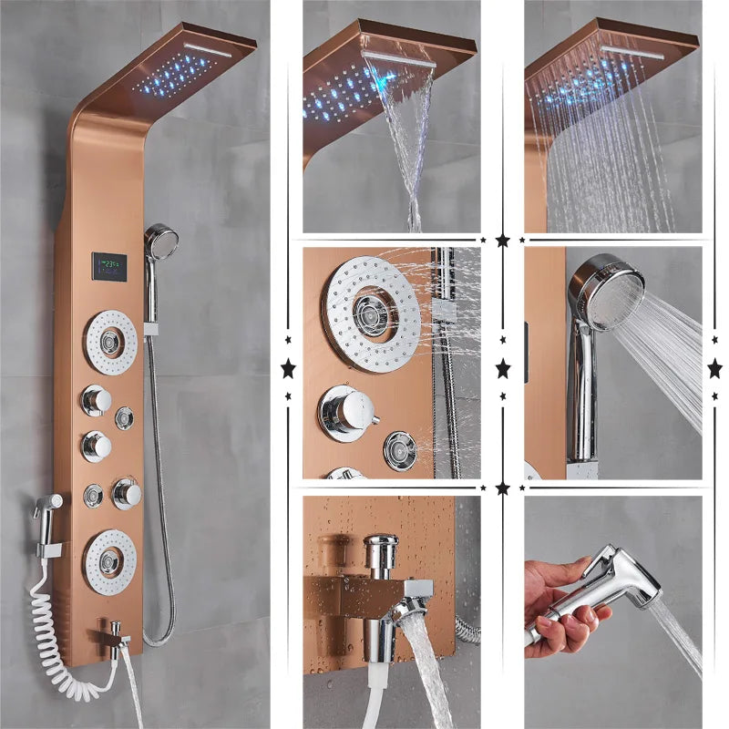 Cascade Royale LED Shower Panel System with Digital Temperature Display & 6-Function Spa Experience