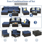 5 Pieces Patio Rattan Sectional Furniture Set with Cushions and Coffee Table -Navy - Color: Navy