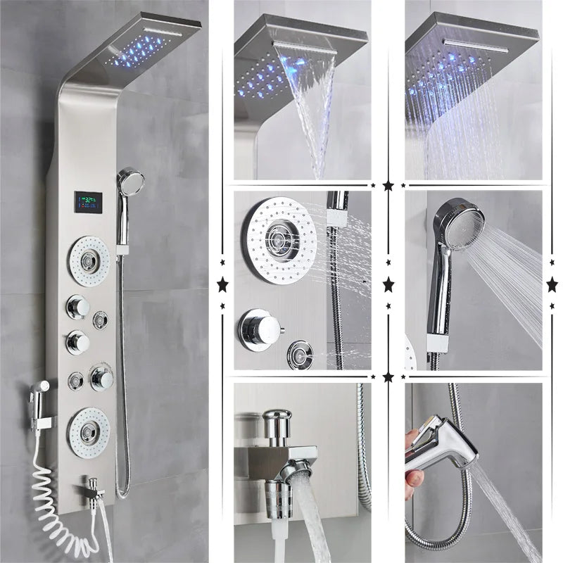 Cascade Royale LED Shower Panel System with Digital Temperature Display & 6-Function Spa Experience
