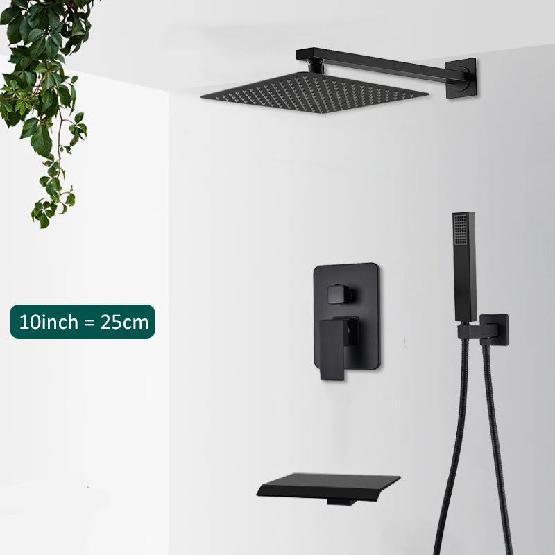 Matte Black Concealed Rainfall & Waterfall Shower System with Tub Spout