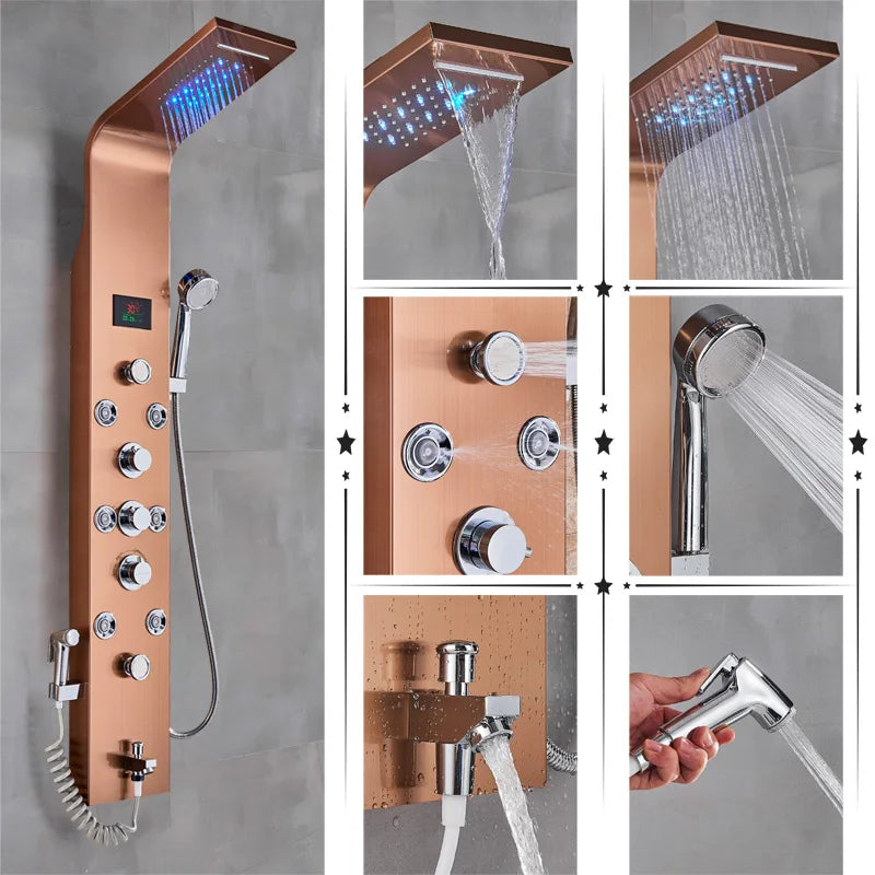 Cascade Royale LED Shower Panel System with Digital Temperature Display & 6-Function Spa Experience