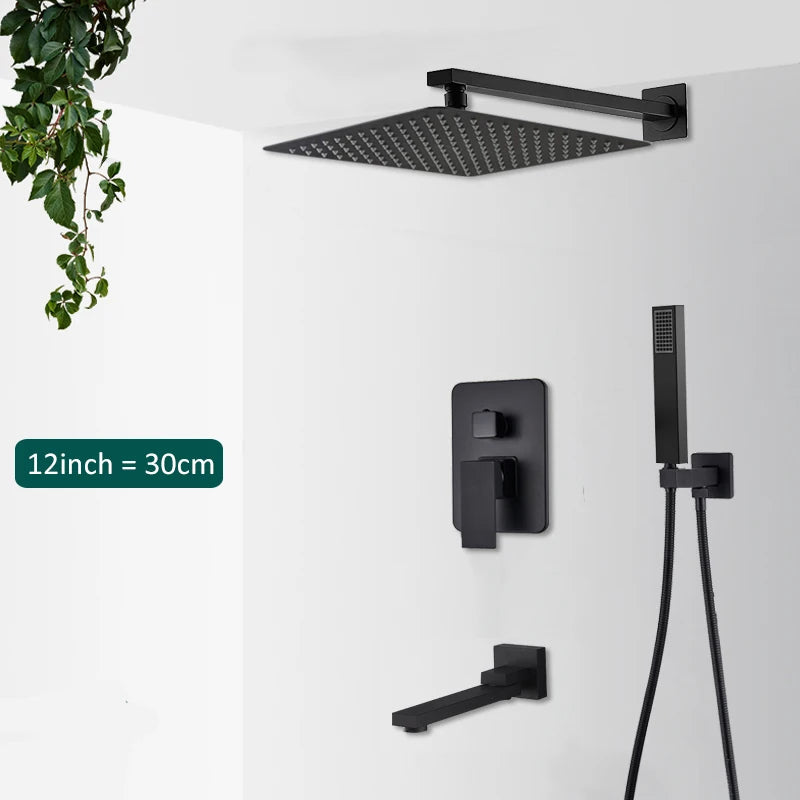 Matte Black Concealed Rainfall & Waterfall Shower System with Tub Spout
