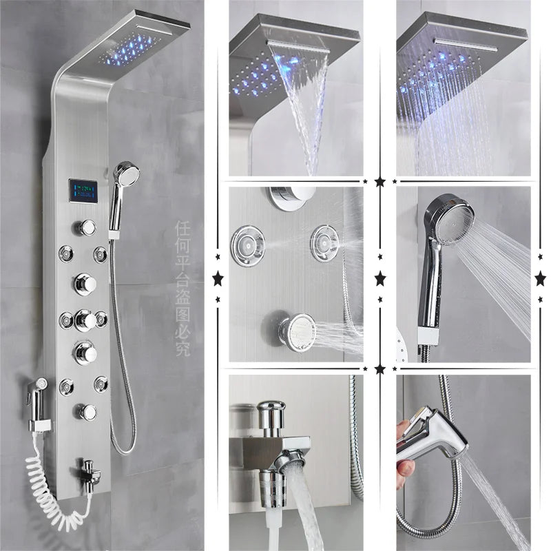 Cascade Royale LED Shower Panel System with Digital Temperature Display & 6-Function Spa Experience