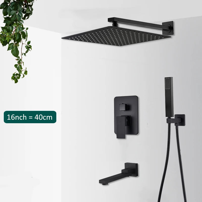Matte Black Concealed Rainfall & Waterfall Shower System with Tub Spout