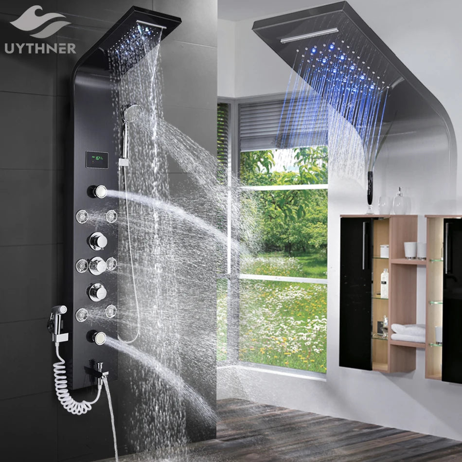 Cascade Royale LED Shower Panel System with Digital Temperature Display & 6-Function Spa Experience
