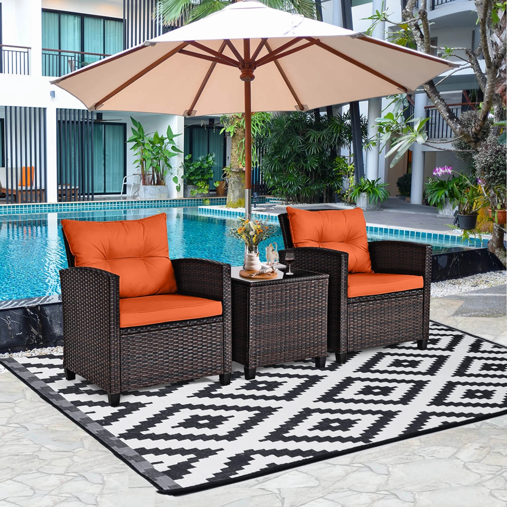 HavenHarbor 3-Piece Wicker Patio Conversation Set with Cushions & Glass Coffee Table