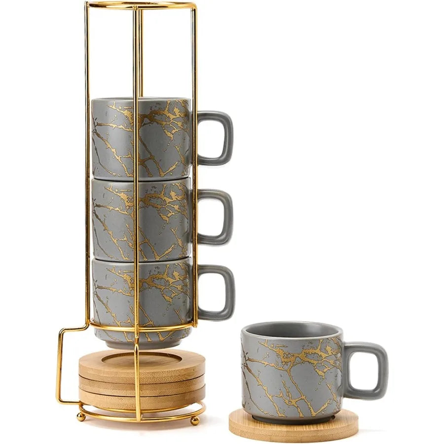 Bella Casa Stackable Espresso Cup Set with Metal Stand