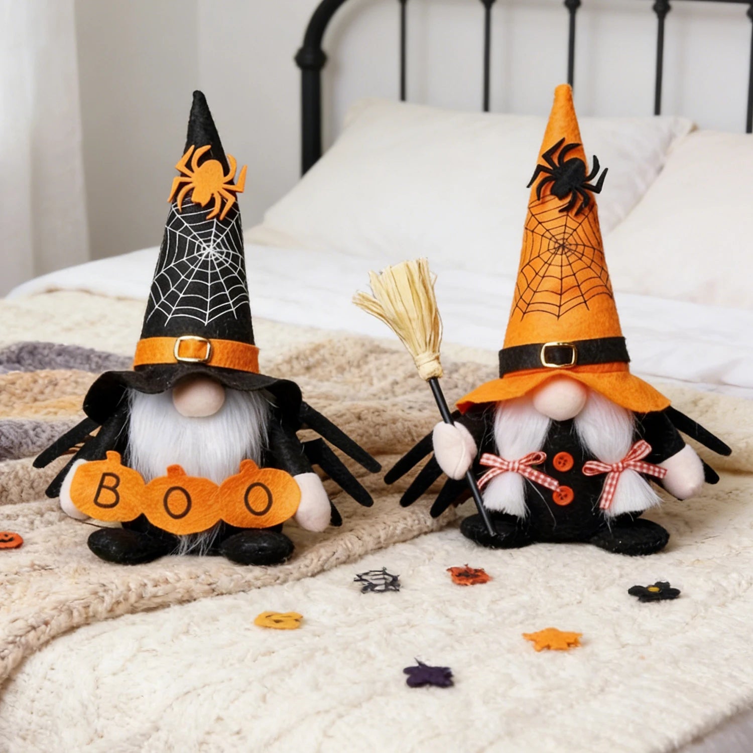 Halloween Spider Puppet Ornament Set – Black & Orange Spooky Décor 2-Piece