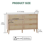Haven Ridge Mid-Century Rattan Dresser with Gold Handles – 6 Drawer