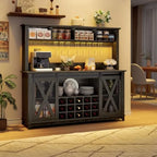 Farmhouse Coffee Bar Cabinet with Power Outlet, LED Lighting & 4-Section Storage Hutch