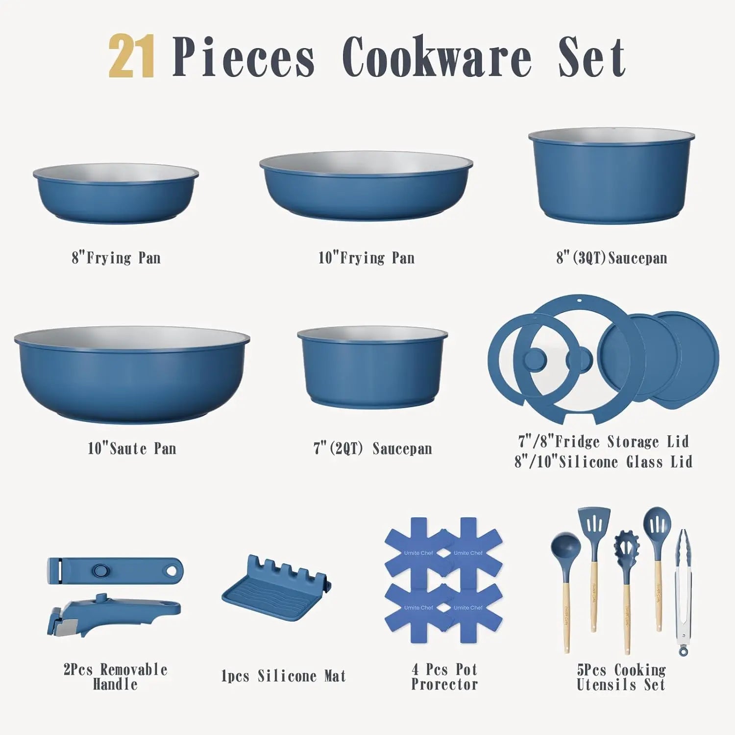 Coastal Blue Ceramic Cookware Collection – 21 Piece Set