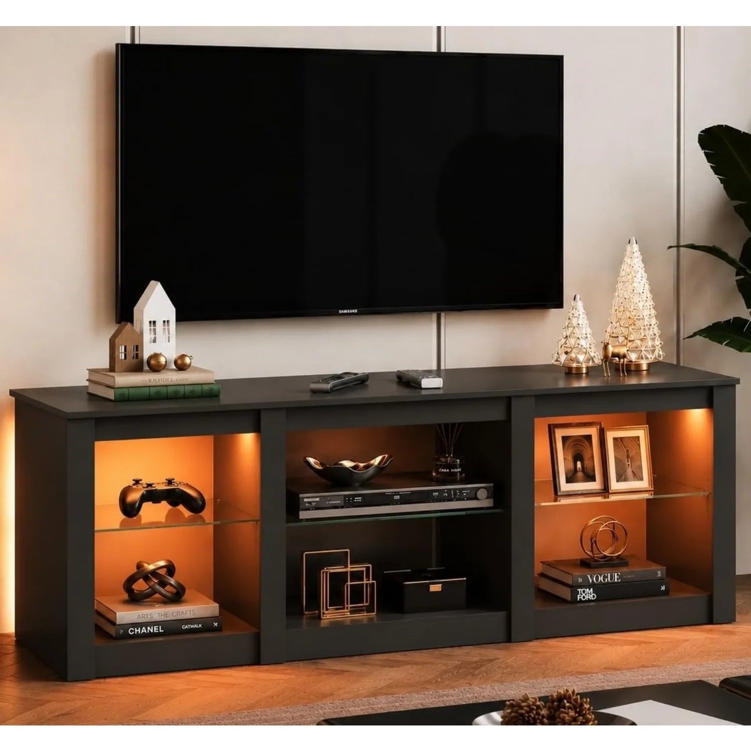 58" Wooden Modern LED TV Console With RGB Lights & Adjustable Glass Shelves Fits 65/70 Inch TV, Custom