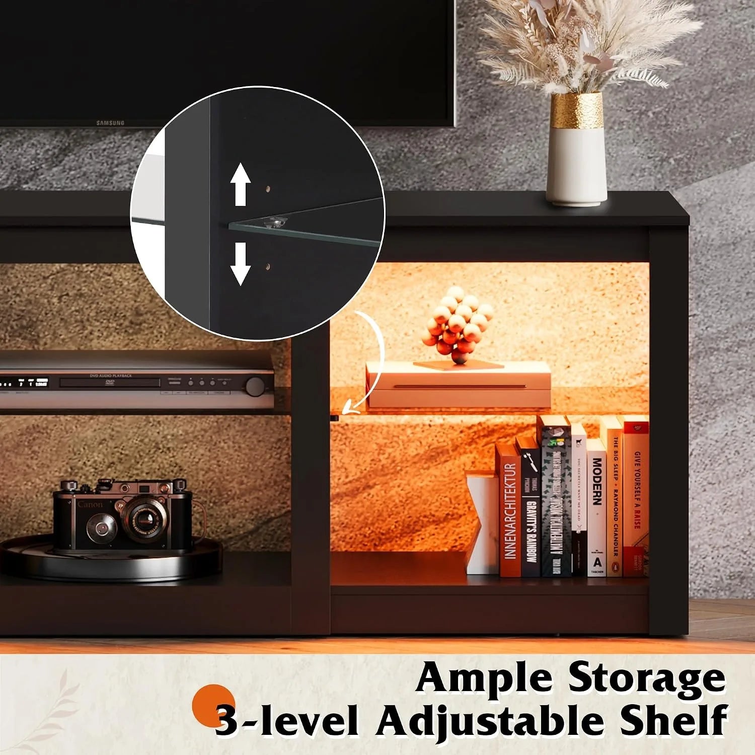 58" Wooden Modern LED TV Console With RGB Lights & Adjustable Glass Shelves Fits 65/70 Inch TV, Custom