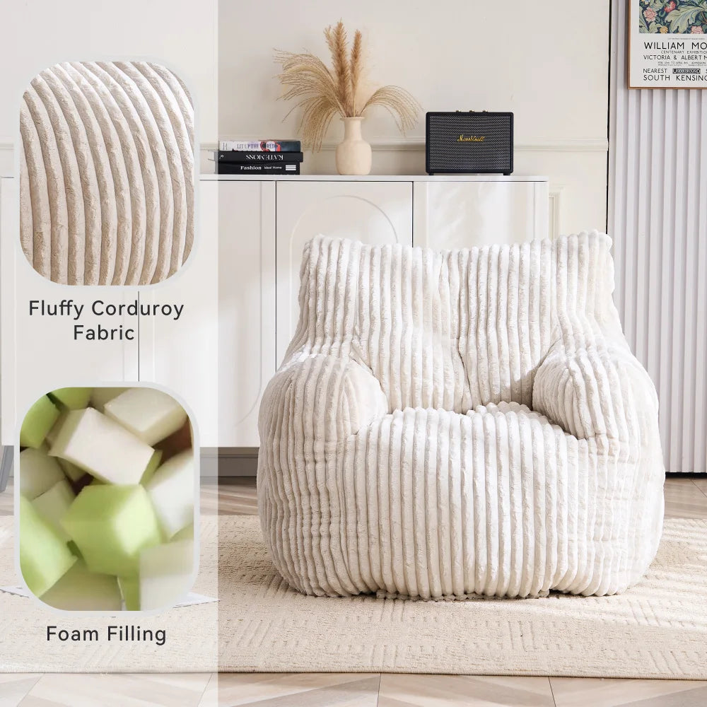 Soft and fluffy corduroy memory foam beanbag chair; comfortable velvet single-seater sofa for adults—ideal for home relaxation and gaming.