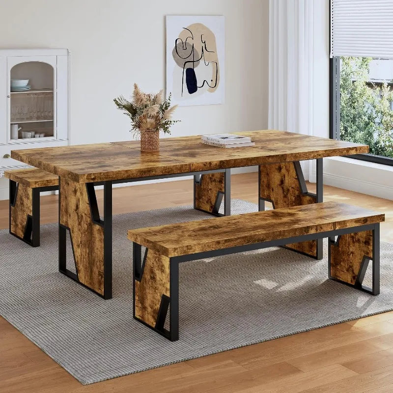 Heritage Farmhouse Dining Table Set with Benches – Seats 4 to 6