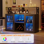 Rustic Wood Wine Bar Cabinet with RGB LED Lights, Power Outlets, Wine Rack & Glass Holder