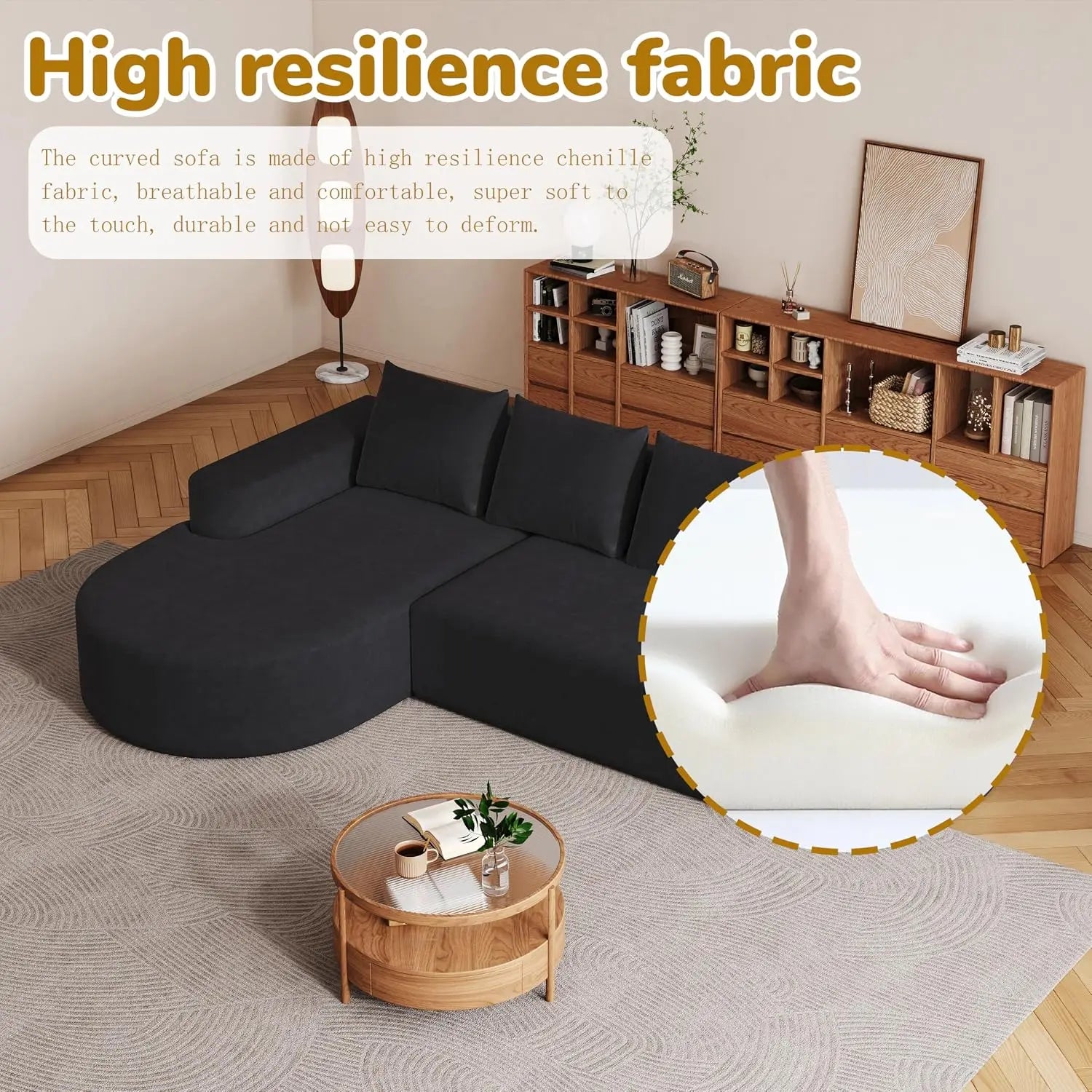 109" Modern Modular Curved L-Shaped Sofa, Chenille Upholstered Sectional Boneless Couch Set with 3 Pillows,Free, Customized