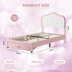 Kids Upholstered Bed Frame with LED Crown Headboard, Velvet Fabric and Metal-Wood Construction, Modern Princess Style Platform B