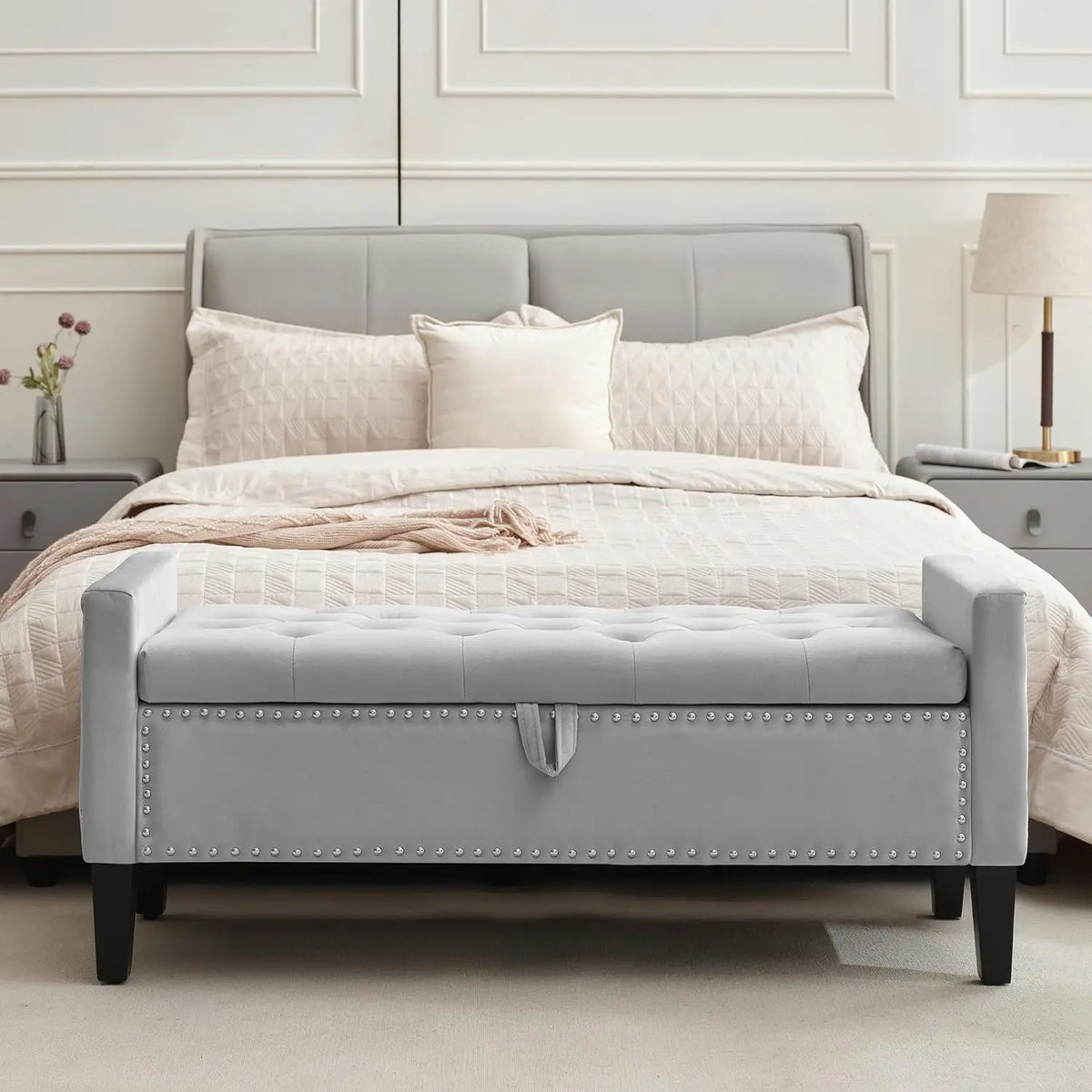 Velvet Storage Ottoman Bench, 45'' Upholstered Button Tufted End of Bed Bench, Modern Storage Bench for Bedroom,, Customized