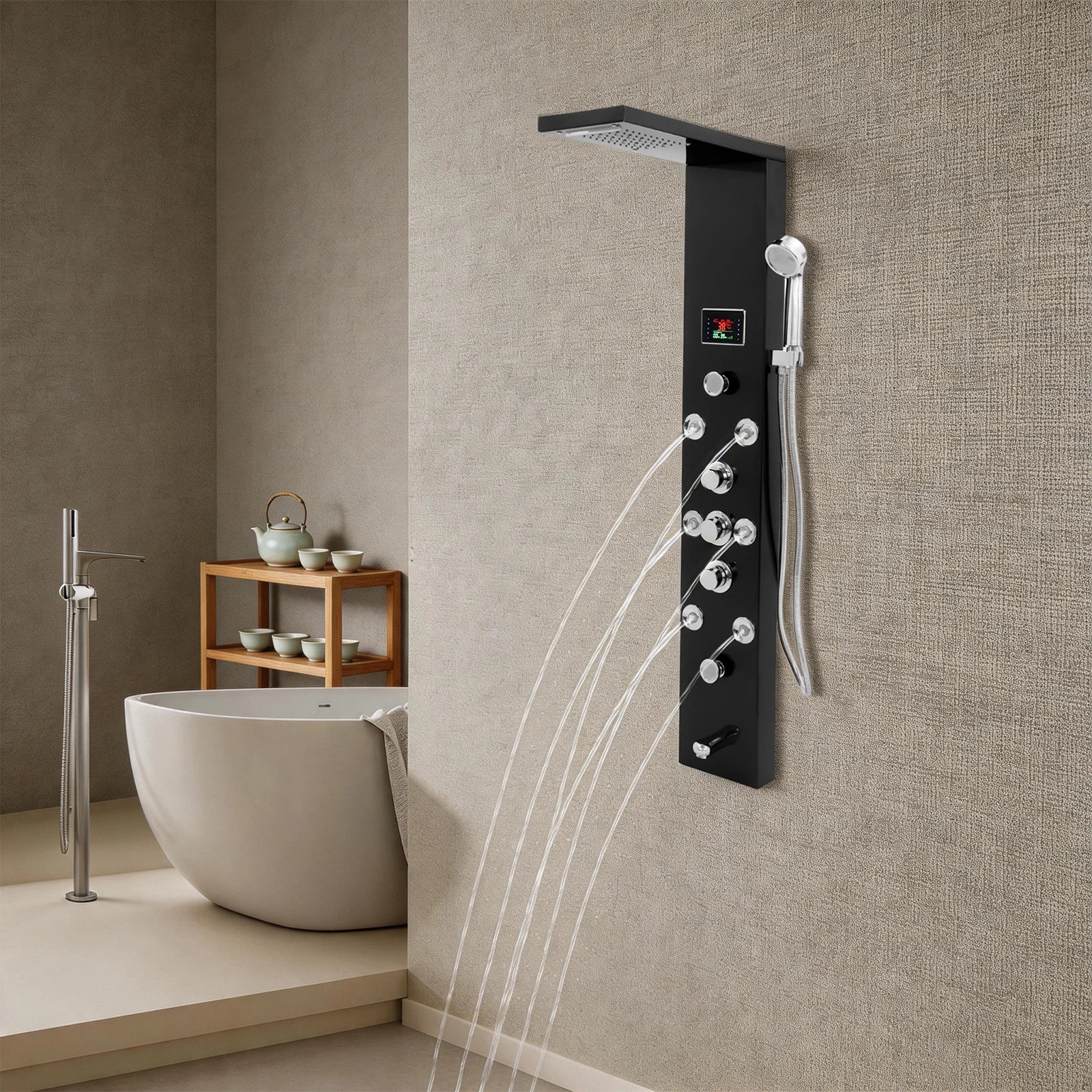 6-Function LED Shower Panel Tower with 8 Massage Jets – Black