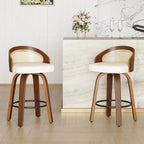 Swivel Bar Stools, Modern Wood Frame with Rattan Back, PU Leather Seat for Kitchen Counter & Bar Table - Set of 2