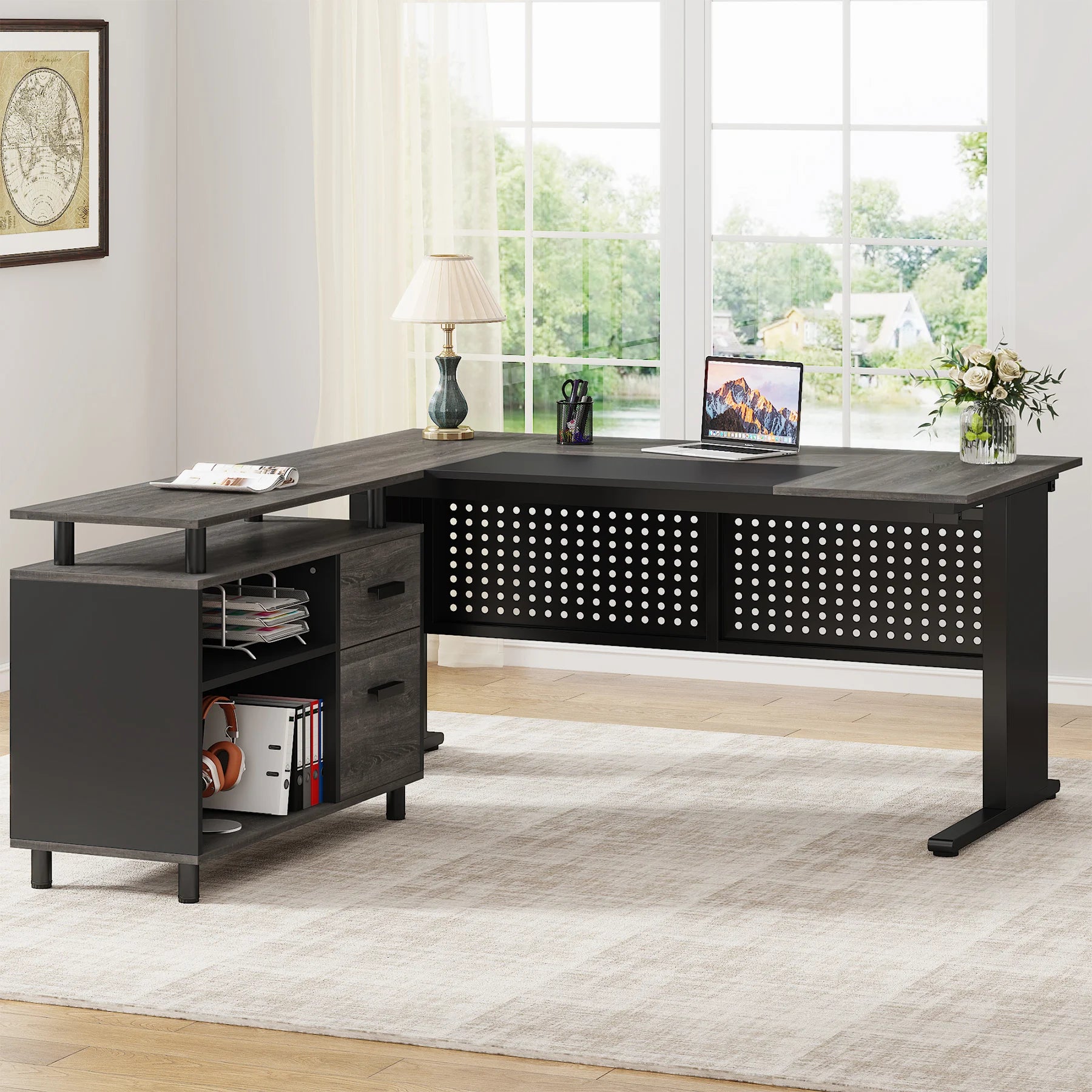 Summit Executive 63" L-Shaped Office Desk with File Cabinet & Storage