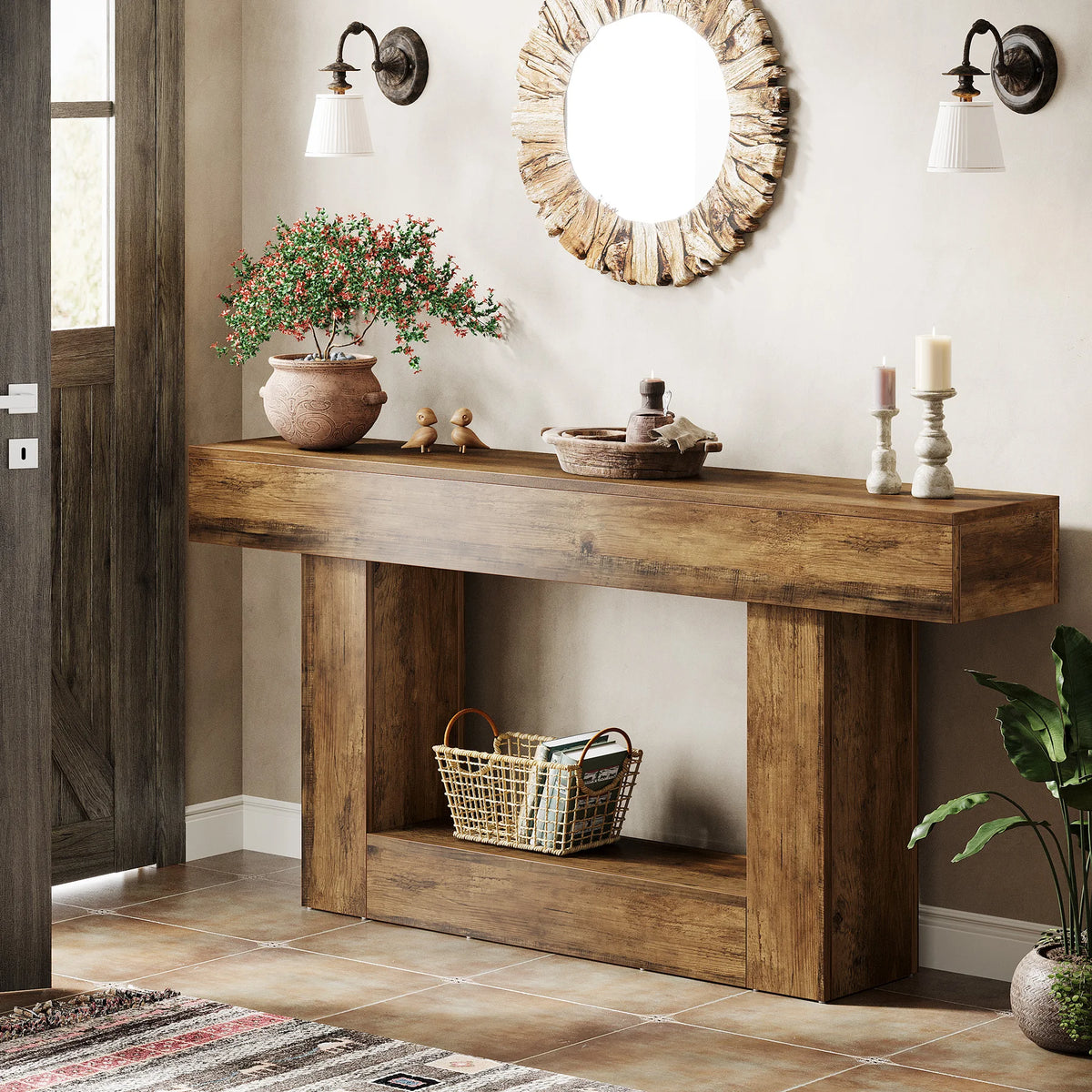 Tribesigns 160 cm Console Table, Farmhouse 2-Tier Entryway Table with U-Shaped Base, Narrow Wood Sofa Table Behind Couch Table