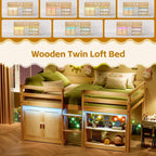 Low Loft Bed Twin Size with LED Lights, Storage Cabinet, Shelf, and Safety Guardrail, Natural Wood