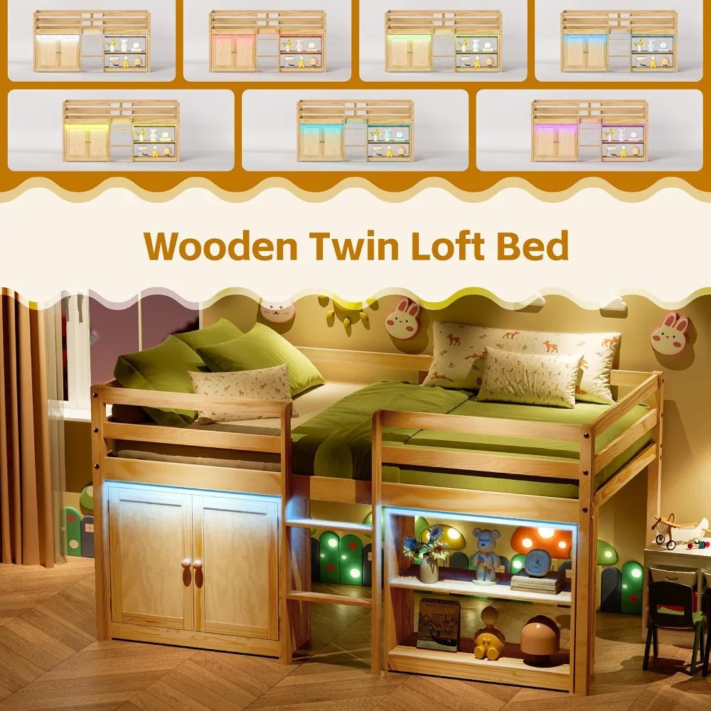 Low Loft Bed Twin Size with LED Lights, Storage Cabinet, Shelf, and Safety Guardrail, Natural Wood