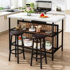 Kitchen Island Bar Table & 2 Stools Set, White Faux Marble, Storage Shelf, Space Saving, Home Bar Furniture
