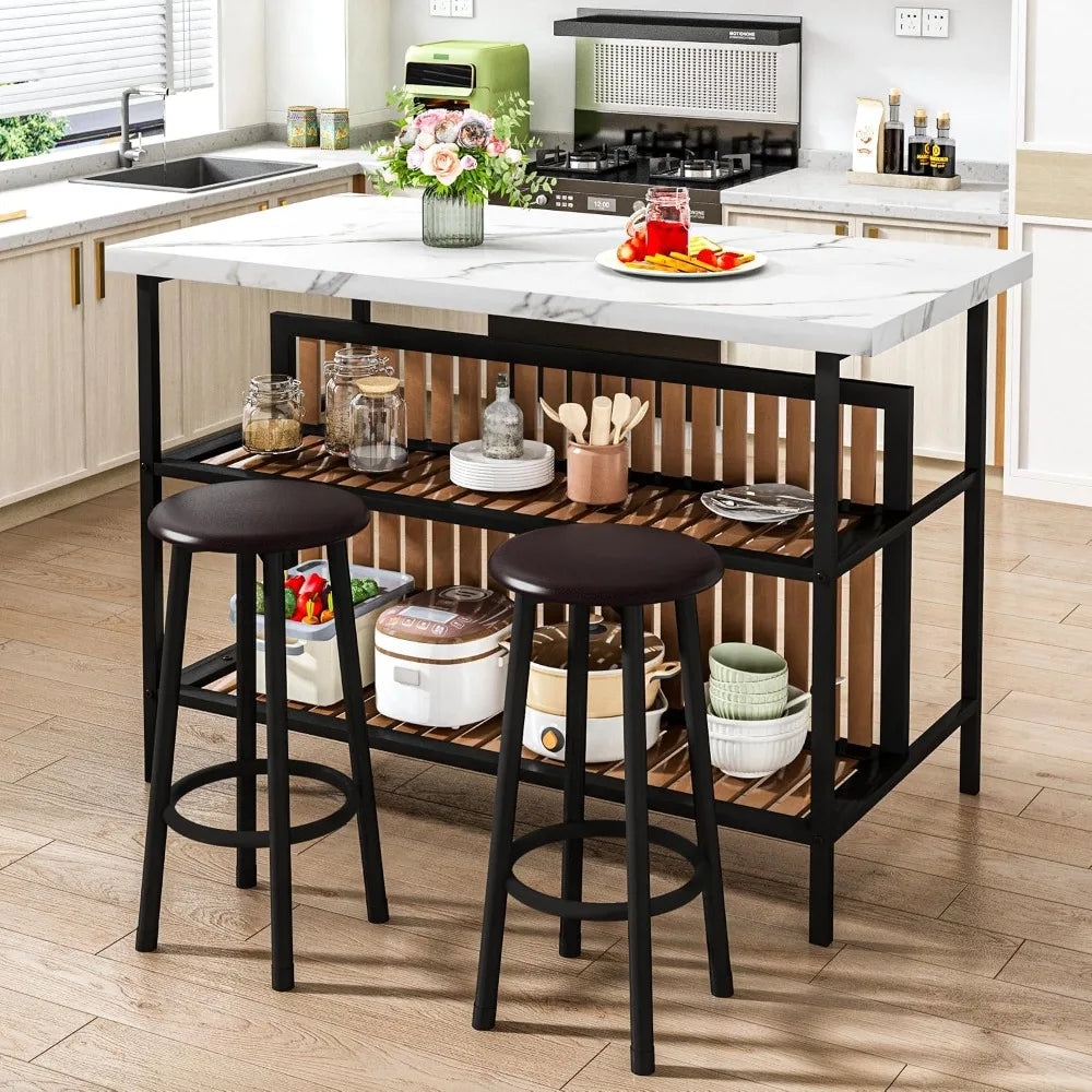 Kitchen Island Bar Table & 2 Stools Set, White Faux Marble, Storage Shelf, Space Saving, Home Bar Furniture