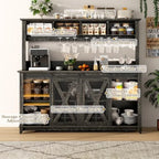 Farmhouse Coffee Bar Cabinet with Power Outlet, LED Lighting & 4-Section Storage Hutch