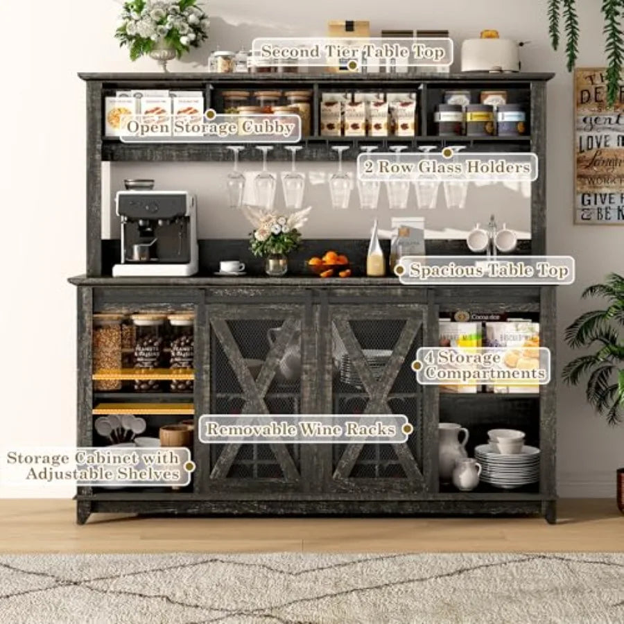 Farmhouse Coffee Bar Cabinet with Power Outlet, LED Lighting & 4-Section Storage Hutch