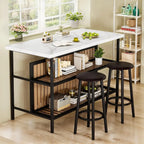 Kitchen Island Bar Table & 2 Stools Set, White Faux Marble, Storage Shelf, Space Saving, Home Bar Furniture