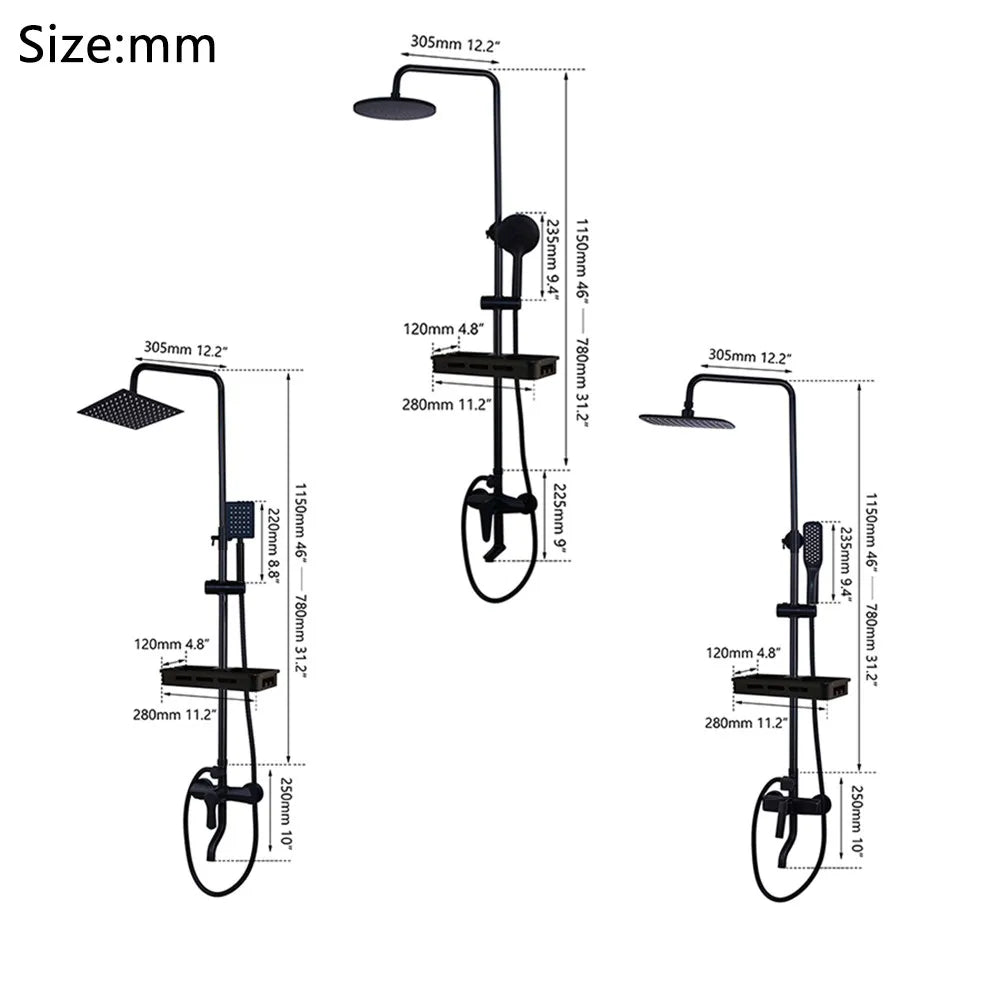 Matte Black Rainfall Shower System with Storage Shelf & Handheld Shower