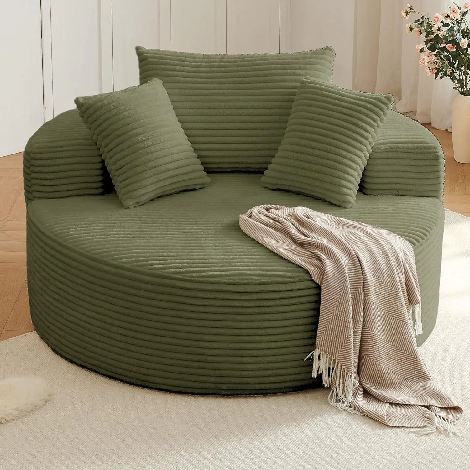 CloudNest Round Corduroy Chaise Lounge with Ottoman