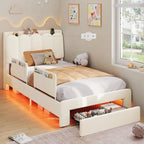 Twin Velvet LED Platform Bed with Storage & Guardrails