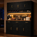 Black Kitchen Pantry Hutch with LED Lighting, Charging Station, Wine Rack & Adjustable Storage