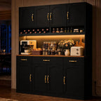 Black Kitchen Pantry Hutch with LED Lighting, Charging Station, Wine Rack & Adjustable Storage