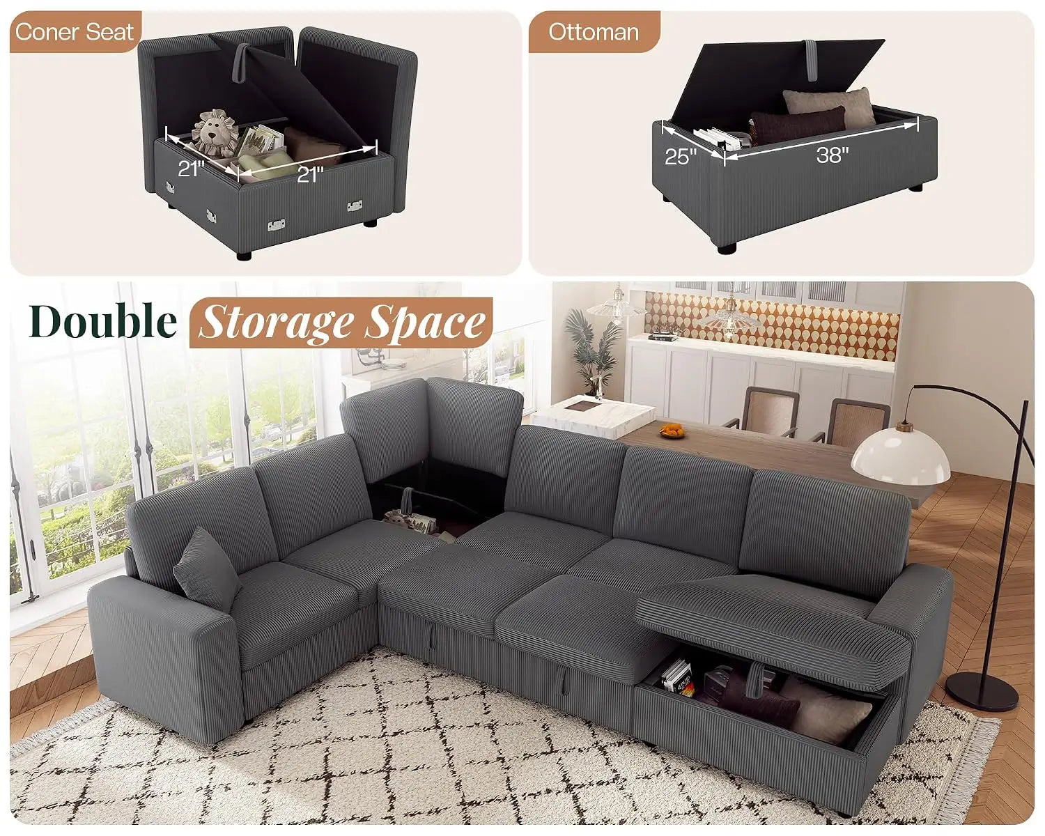 130" Sofa Bed, Sleeper Sofa, Pull Out Sleeper Couch with Storage, Convertible 6-Seater Sofa Bed for Living Room,, Customized