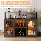 Rustic Wood Wine Bar Cabinet with RGB LED Lights, Power Outlets, Wine Rack & Glass Holder